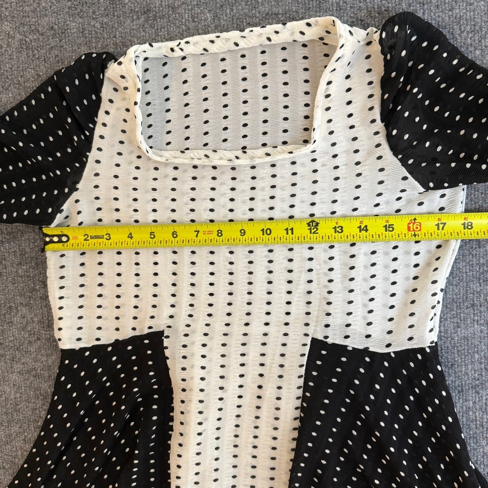 Black & White Polka Dot Ruffle Mini Dress Square Neck 3/4 Sleeve Textured Boho - Picture 6 of 7
